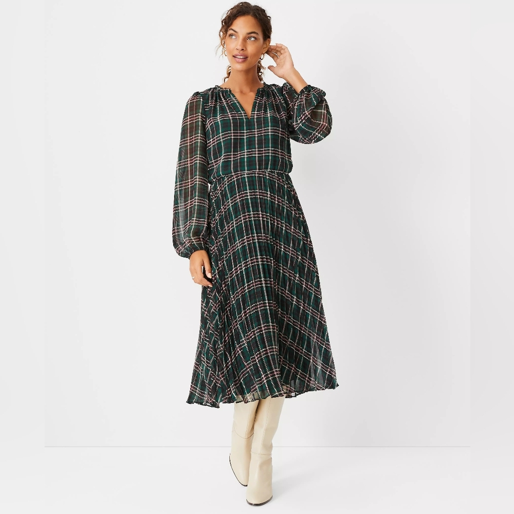 Ann Taylor plaid pleated midi dress, size 12